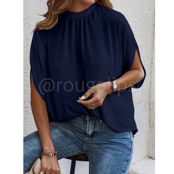 Navy Blue Blouse Top Flowy, High Neck - Picture 4 of 11